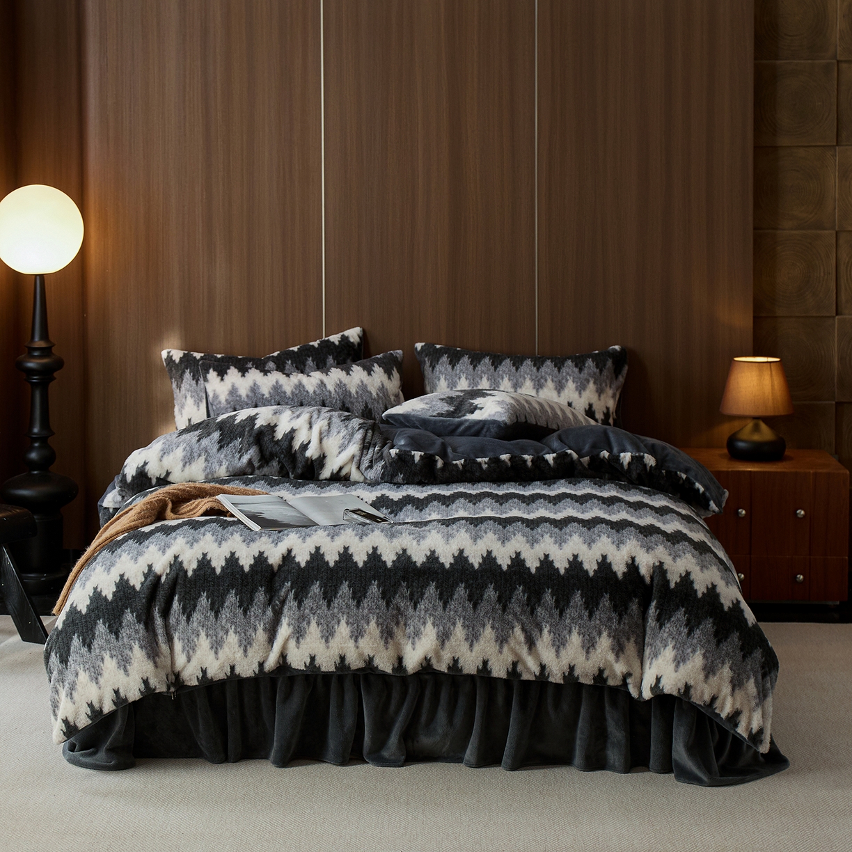 91家纺网 家纺一手货源 找家纺 眠博士 2025新款加厚兔兔绒印花牛奶绒床盖四件套 床盖款-曲线深灰