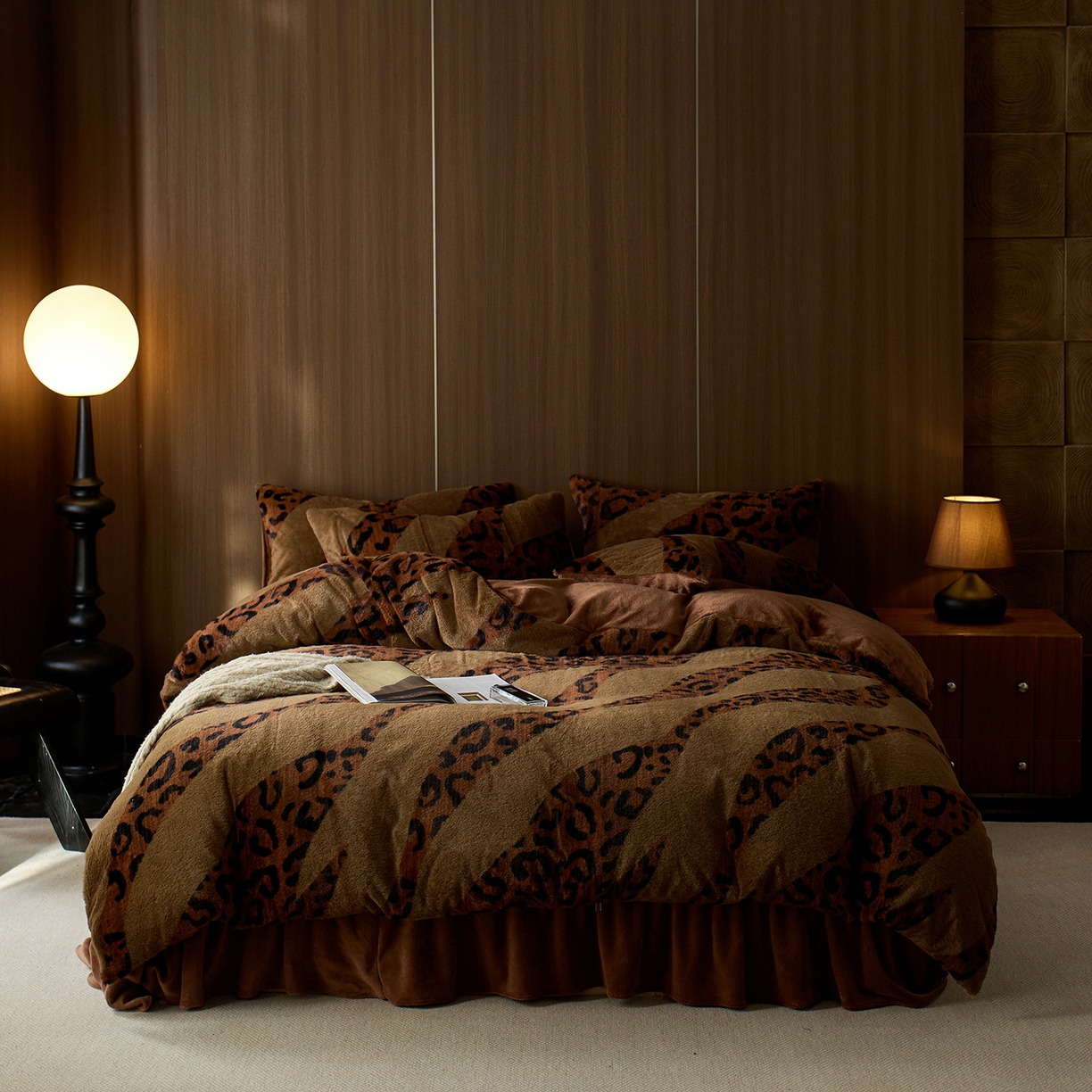 91家纺网 家纺一手货源 找家纺 眠博士 2025新款加厚兔兔绒印花牛奶绒床盖四件套 床盖款-豹纹冬日咖