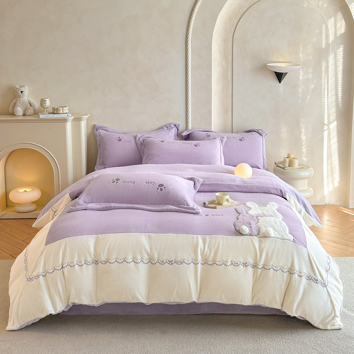 置顶家纺 2025新款魔法兔兔牛奶绒拼接刺绣系列四件套 魔法兔兔-香芋紫