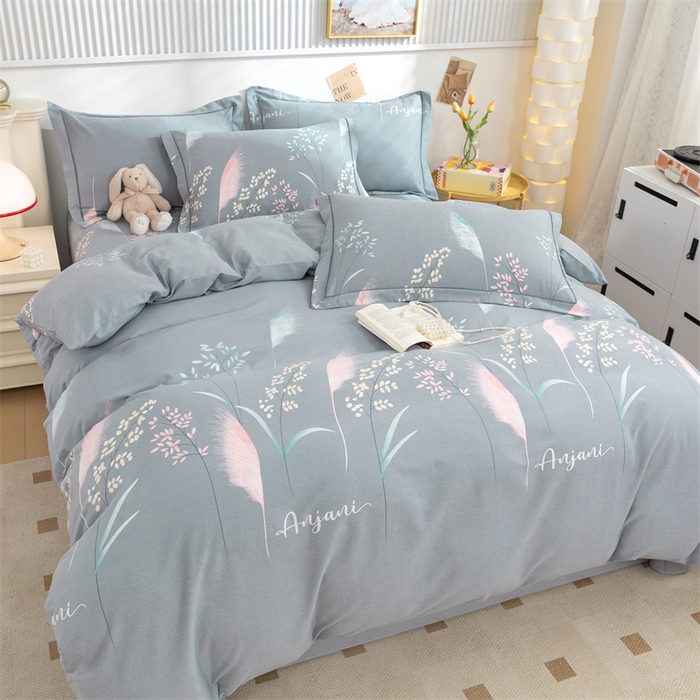 91家纺网 家纺一手货源 找家纺 简约 2025新款全棉四件套活性生态磨毛四件套 云梦花间-灰