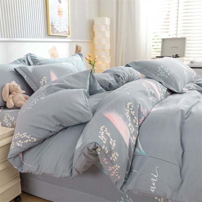 91家纺网 家纺一手货源 找家纺 简约 2025新款全棉四件套活性生态磨毛四件套 云梦花间-灰