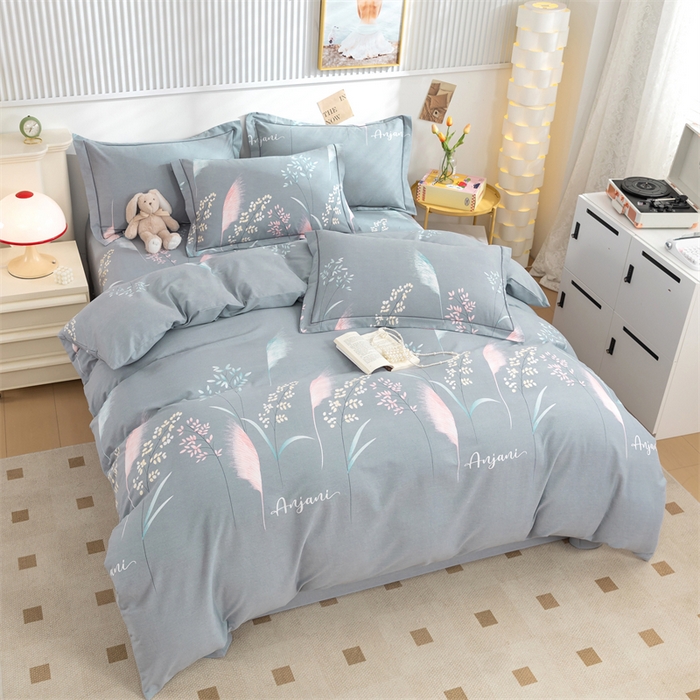 91家纺网 家纺一手货源 找家纺 简约 2025新款全棉四件套活性生态磨毛四件套 云梦花间-灰