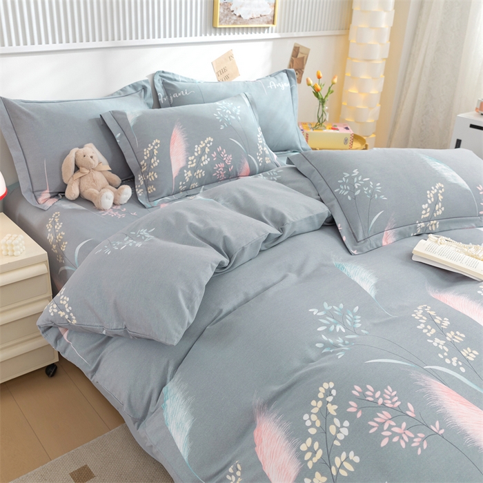 91家纺网 家纺一手货源 找家纺 简约 2025新款全棉四件套活性生态磨毛四件套 云梦花间-灰