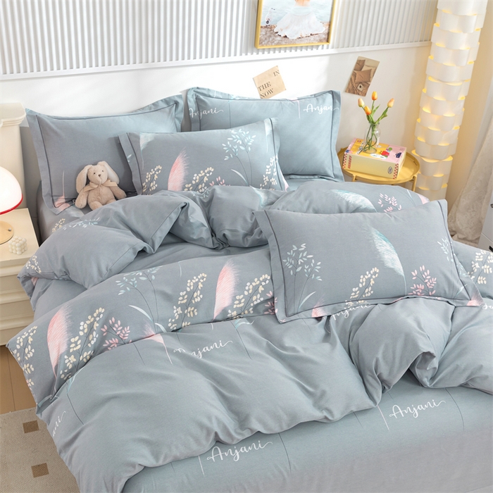 91家纺网 家纺一手货源 找家纺 简约 2025新款全棉四件套活性生态磨毛四件套 云梦花间-灰