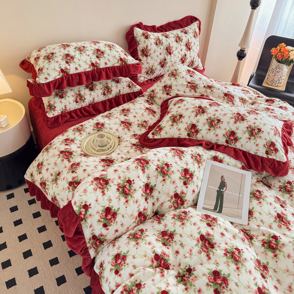 91家纺网 家纺一手货源 找家纺 慕晨 2025新款花边牛奶绒床盖四件套 梨花洛