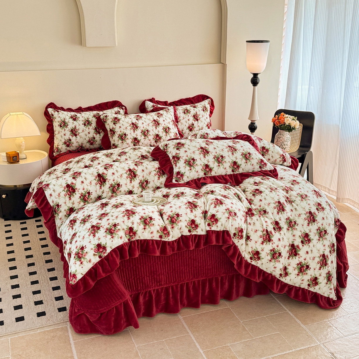 91家纺网 家纺一手货源 找家纺 慕晨 2025新款花边牛奶绒床盖四件套 梨花洛