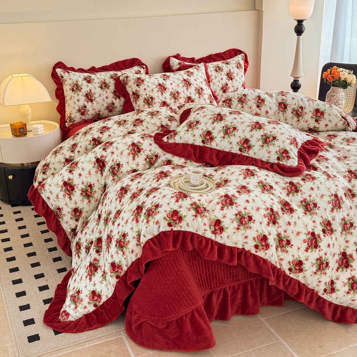 91家纺网 家纺一手货源 找家纺 （总）慕晨 2025新款花边牛奶绒床盖四件套