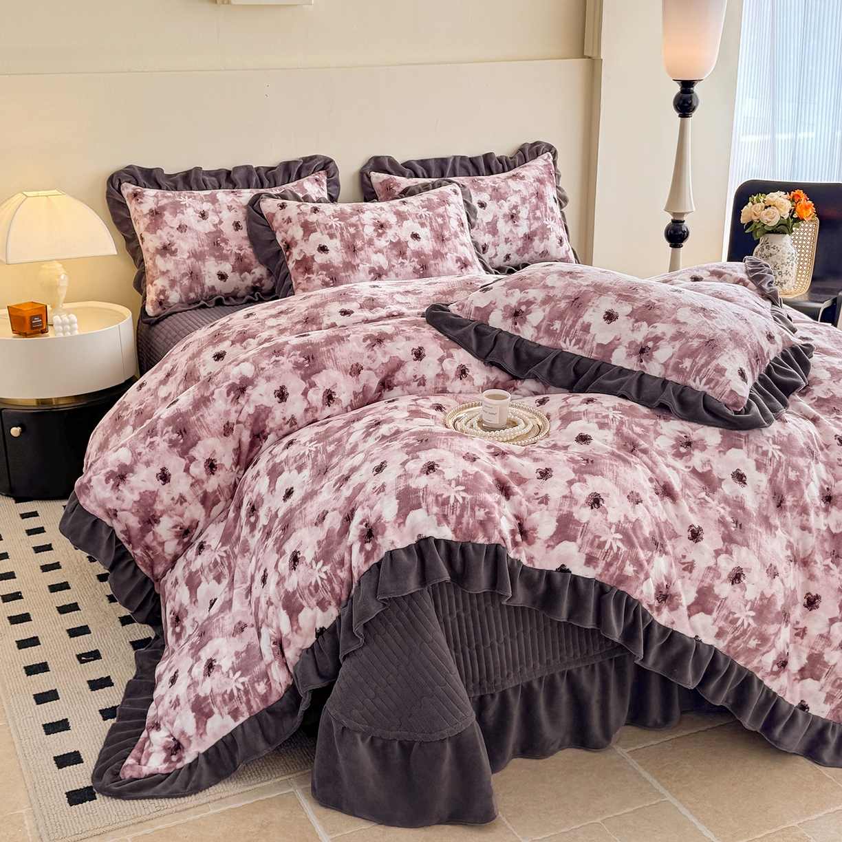 慕晨 2025新款花边牛奶绒床盖四件套 织梦繁花