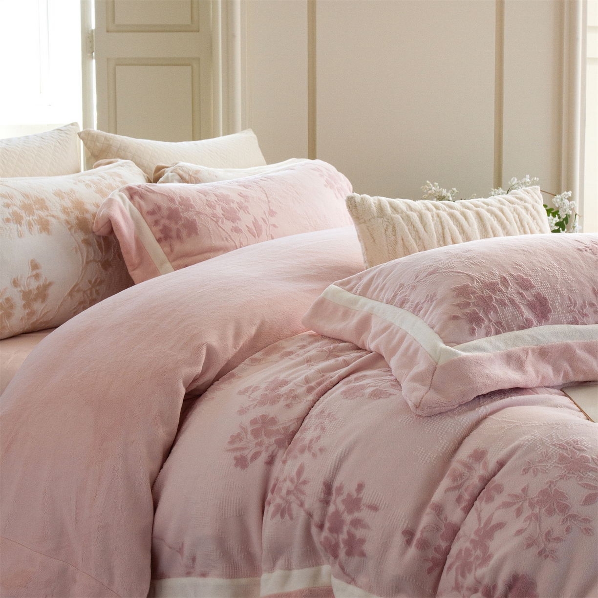 91家纺网 家纺一手货源 找家纺 馨蕊 2025新款秋冬轻奢煦暖绒雕花绒系列四件套-绒澜韵 【券后控价318/338】 绒澜韵-蔷薇粉