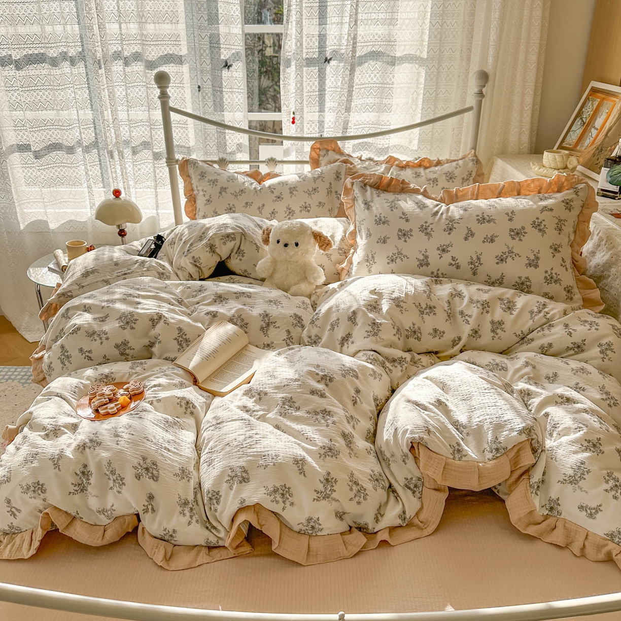 颜选 2025新款全棉双层纱花边面料木棉四件套 夏铭-全棉花边双层纱