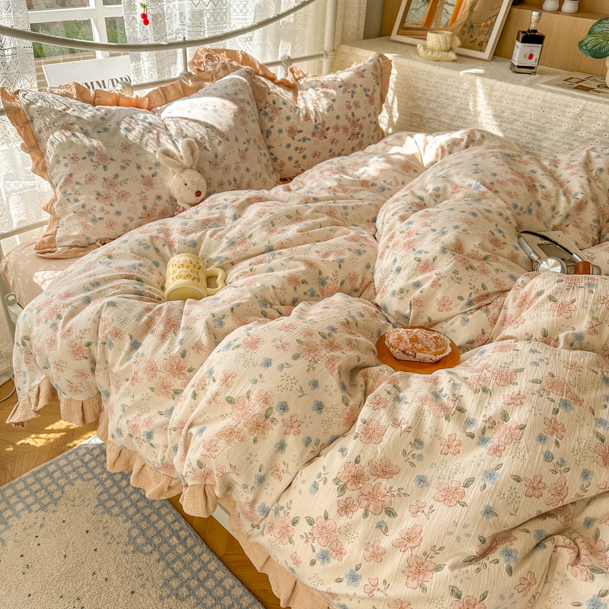 91家纺网 家纺一手货源 找家纺 颜选 2025新款全棉双层纱花边面料木棉四件套 秋叶-全棉花边双层纱