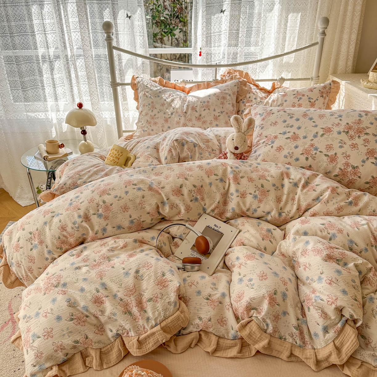 91家纺网 家纺一手货源 找家纺 颜选 2025新款全棉双层纱花边面料木棉四件套 秋叶-全棉花边双层纱