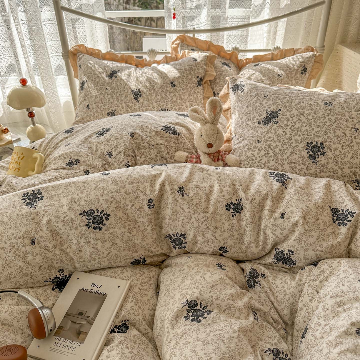 91家纺网 家纺一手货源 找家纺 颜选 2025新款全棉双层纱花边面料木棉四件套 黛锦-全棉花边双层纱