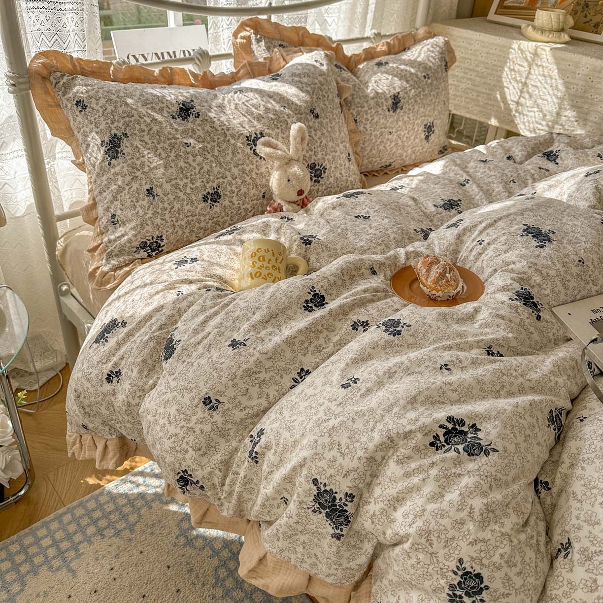 91家纺网 家纺一手货源 找家纺 颜选 2025新款全棉双层纱花边面料木棉四件套 黛锦-全棉花边双层纱