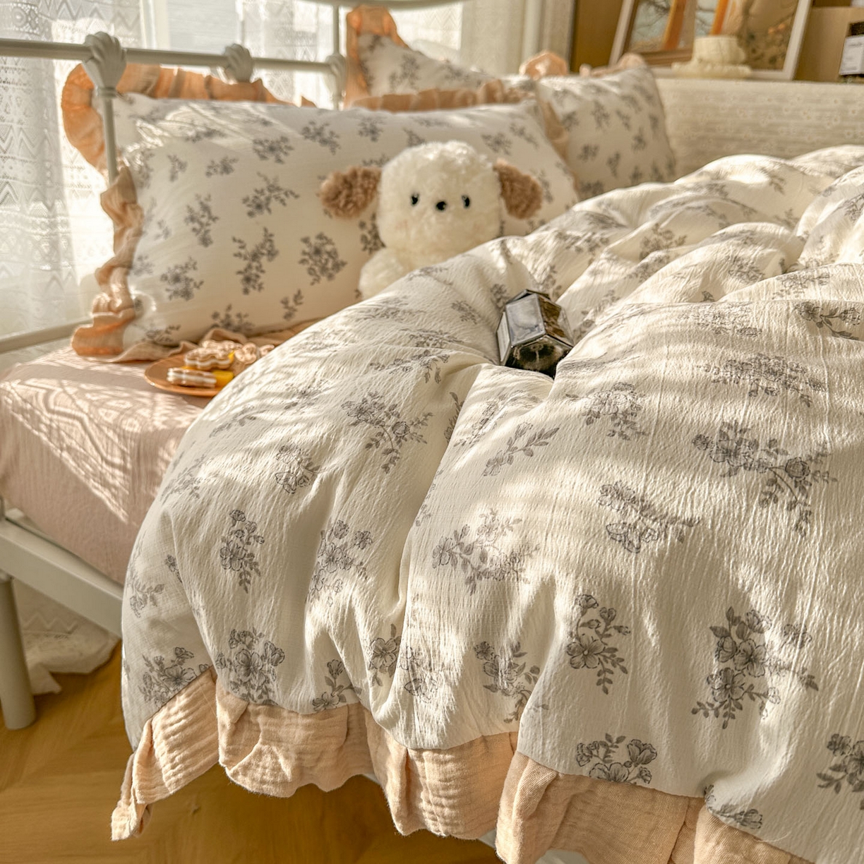 91家纺网 家纺一手货源 找家纺 颜选 2025新款全棉双层纱花边面料木棉四件套 夏铭-全棉花边双层纱