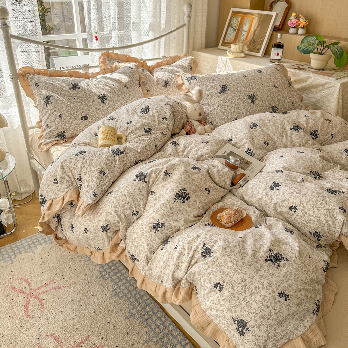 91家纺网 家纺一手货源 找家纺 颜选 2025新款全棉双层纱花边面料木棉四件套 黛锦-全棉花边双层纱