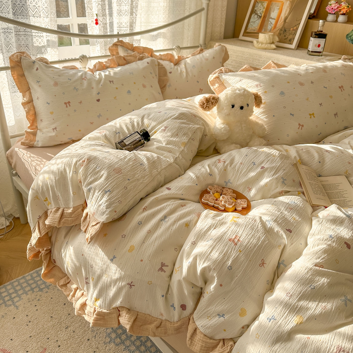 91家纺网 家纺一手货源 找家纺 颜选 2025新款全棉双层纱花边面料木棉四件套 星月-全棉花边双层纱