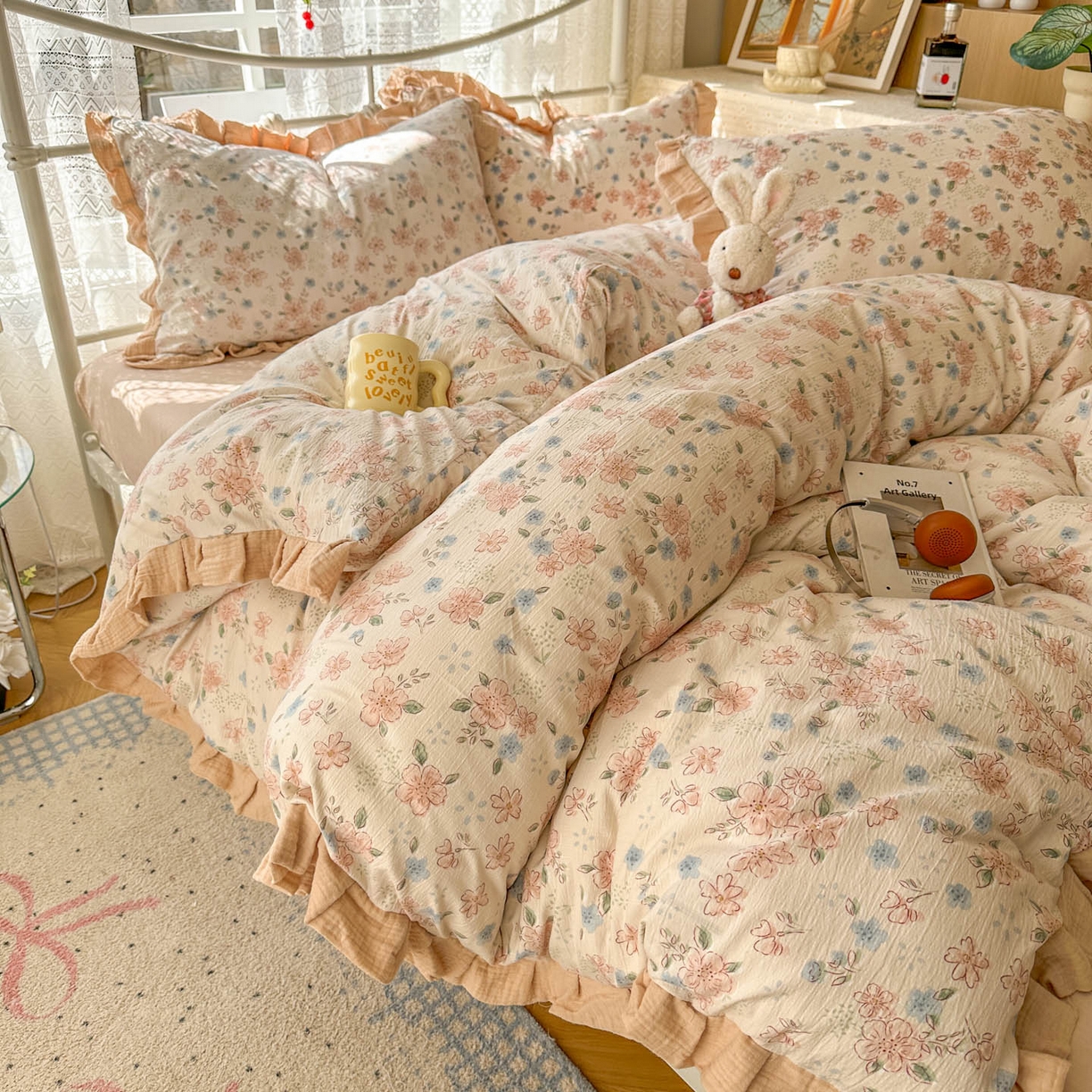 91家纺网 家纺一手货源 找家纺 颜选 2025新款全棉双层纱花边面料木棉四件套 秋叶-全棉花边双层纱