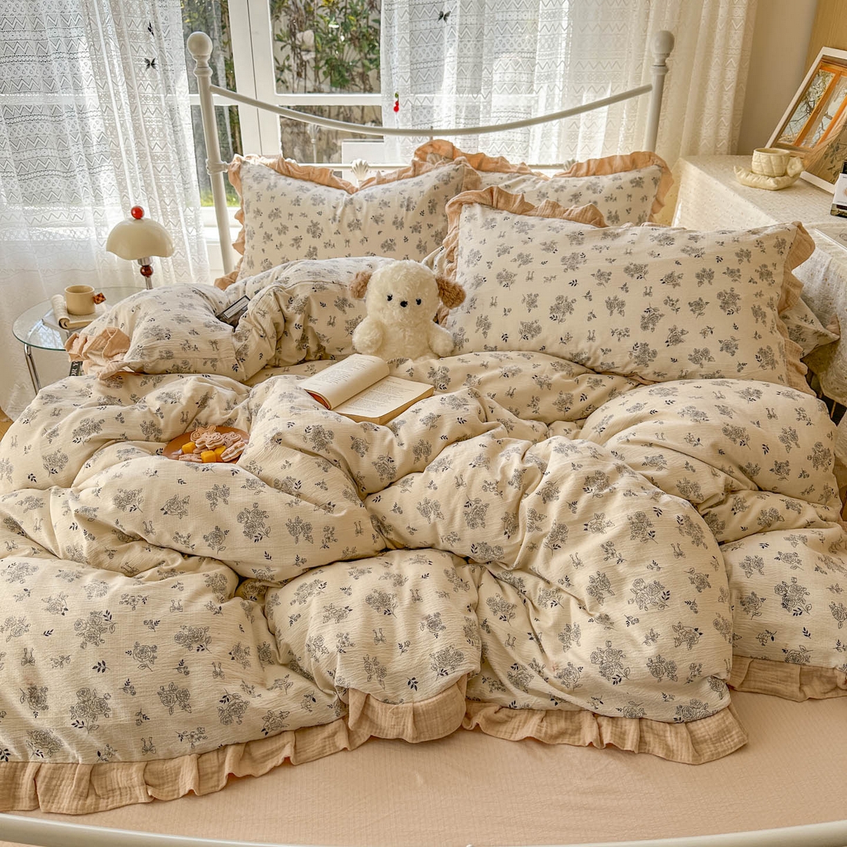 颜选 2025新款全棉双层纱花边面料木棉四件套 素笺花语-全棉花边双层纱