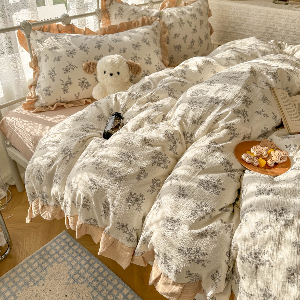 91家纺网 家纺一手货源 找家纺 颜选 2025新款全棉双层纱花边面料木棉四件套 夏铭-全棉花边双层纱