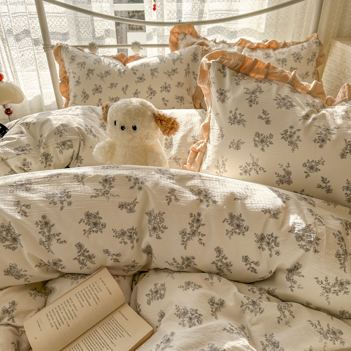 91家纺网 家纺一手货源 找家纺 颜选 2025新款全棉双层纱花边面料木棉四件套 夏铭-全棉花边双层纱