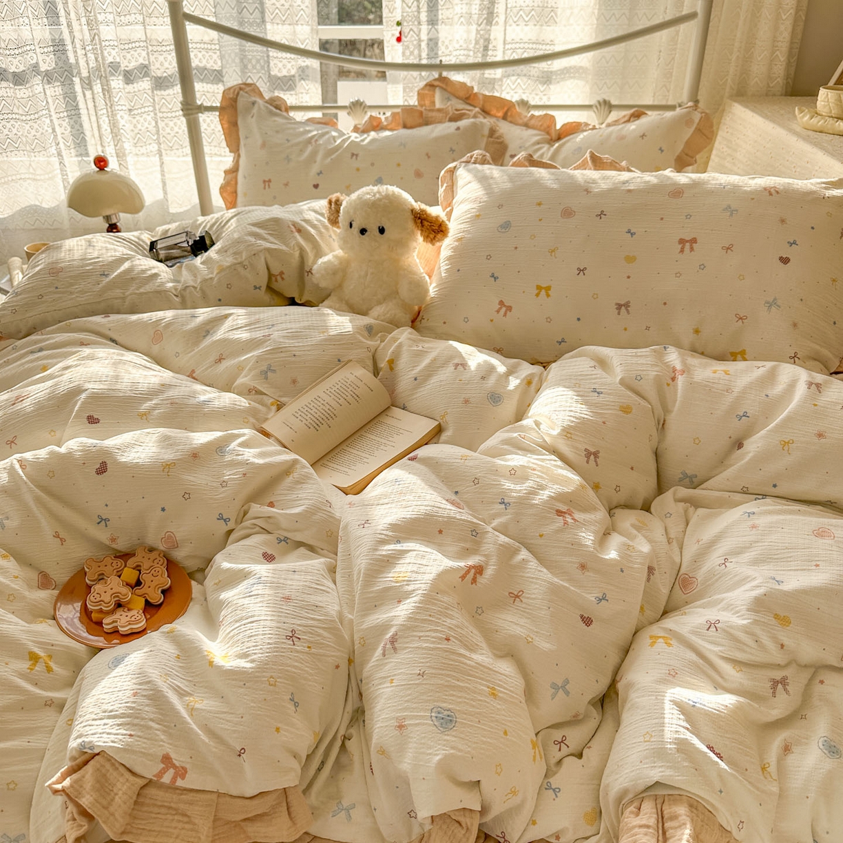 91家纺网 家纺一手货源 找家纺 颜选 2025新款全棉双层纱花边面料木棉四件套 星月-全棉花边双层纱