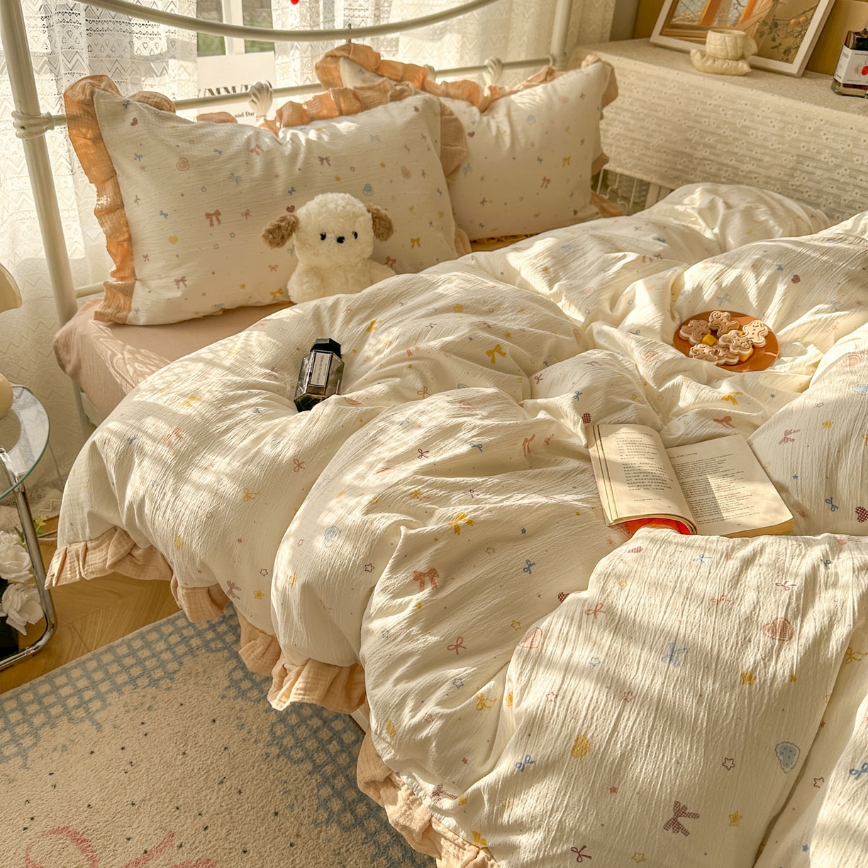 91家纺网 家纺一手货源 找家纺 颜选 2025新款全棉双层纱花边面料木棉四件套 星月-全棉花边双层纱