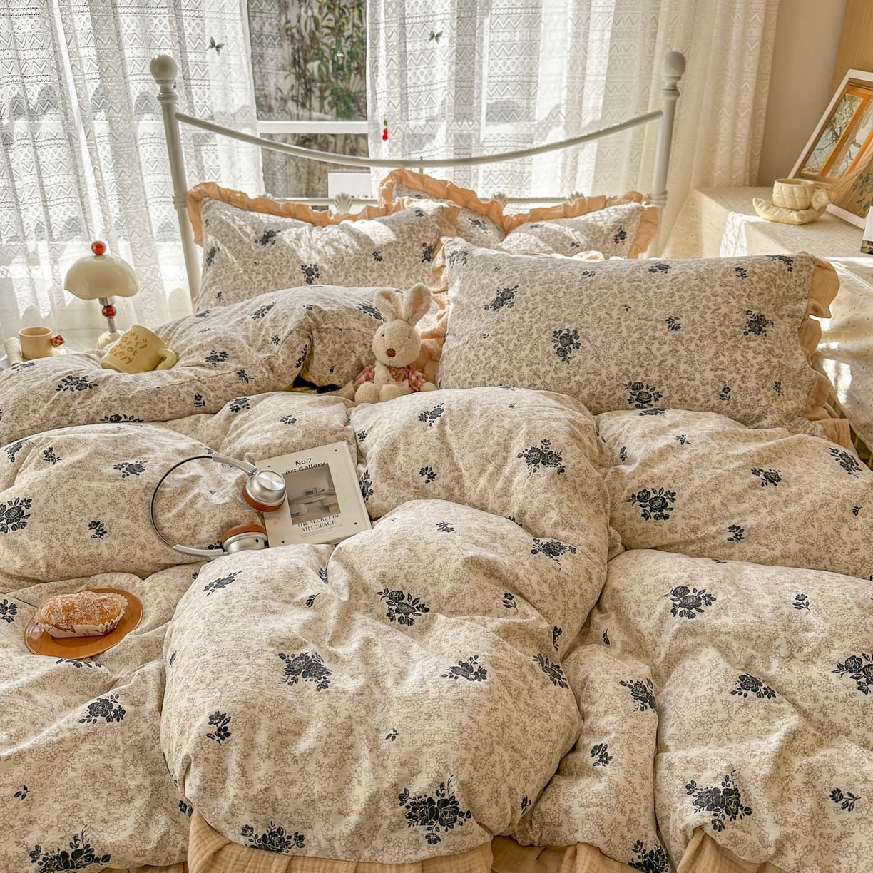 91家纺网 家纺一手货源 找家纺 颜选 2025新款全棉双层纱花边面料木棉四件套 黛锦-全棉花边双层纱