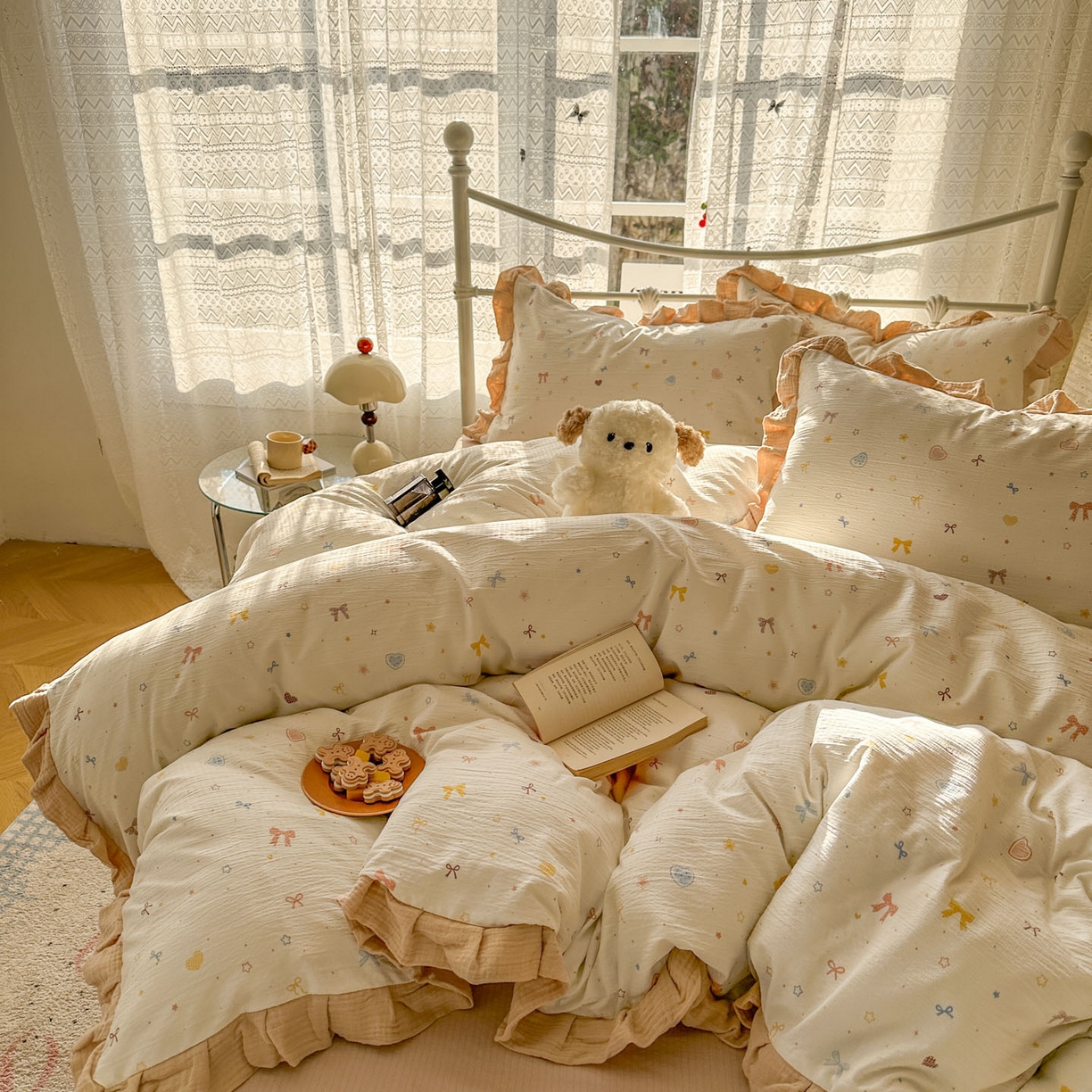 91家纺网 家纺一手货源 找家纺 颜选 2025新款全棉双层纱花边面料木棉四件套 星月-全棉花边双层纱