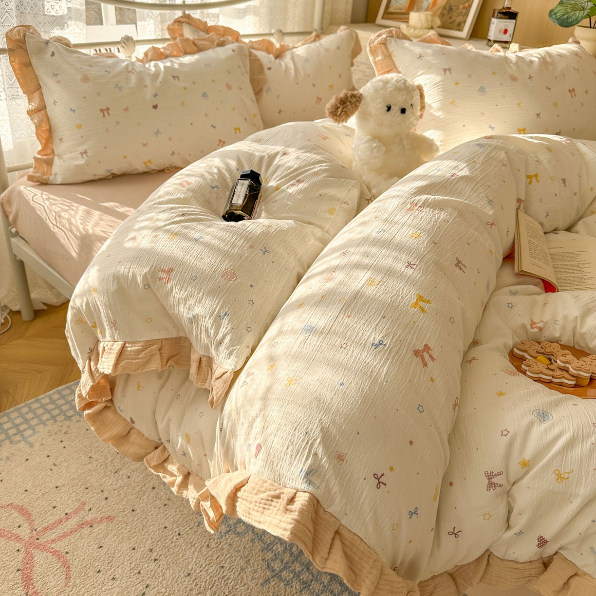 91家纺网 家纺一手货源 找家纺 颜选 2025新款全棉双层纱花边面料木棉四件套 星月-全棉花边双层纱