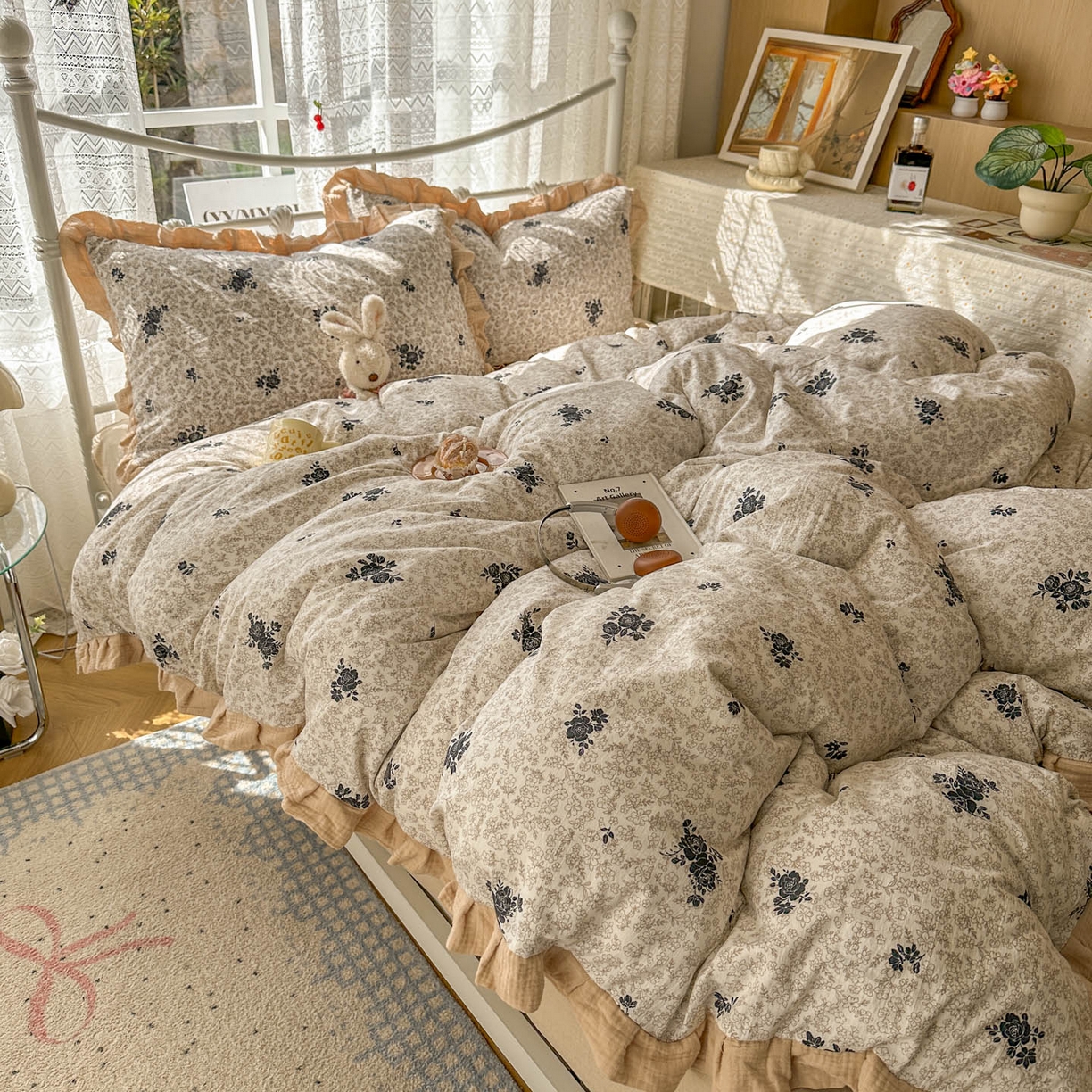 91家纺网 家纺一手货源 找家纺 颜选 2025新款全棉双层纱花边面料木棉四件套 黛锦-全棉花边双层纱