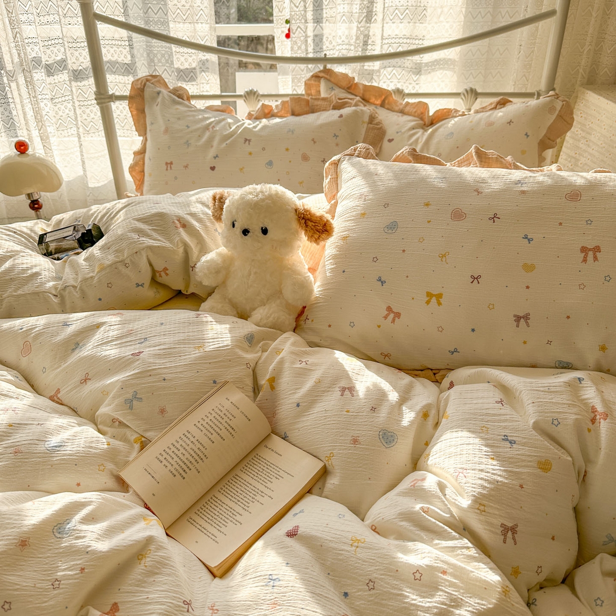 91家纺网 家纺一手货源 找家纺 颜选 2025新款全棉双层纱花边面料木棉四件套 星月-全棉花边双层纱