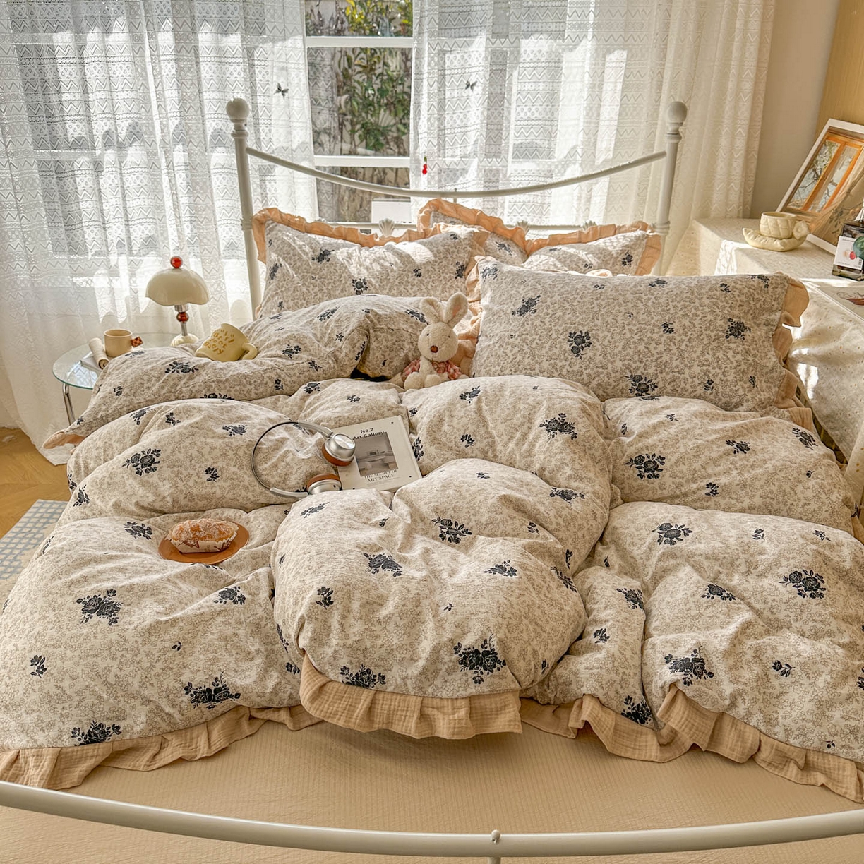 颜选 2025新款全棉双层纱花边面料木棉四件套 黛锦-全棉花边双层纱