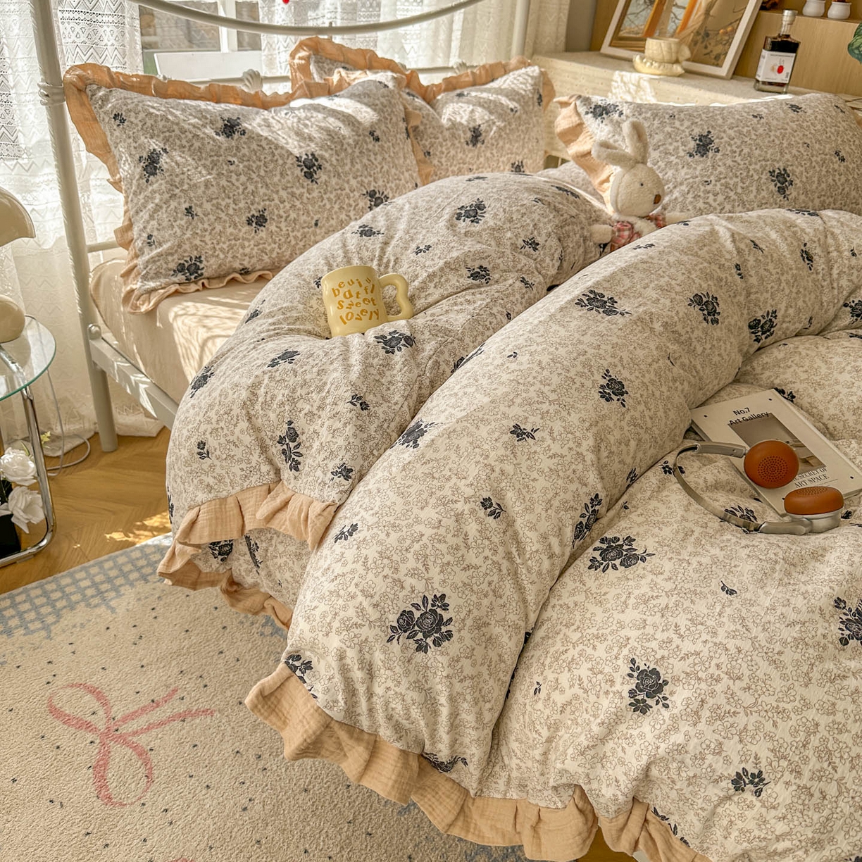 91家纺网 家纺一手货源 找家纺 颜选 2025新款全棉双层纱花边面料木棉四件套 黛锦-全棉花边双层纱