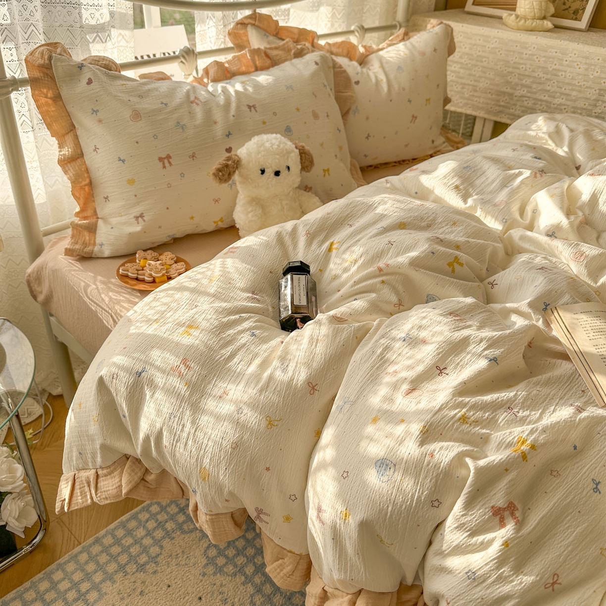 91家纺网 家纺一手货源 找家纺 颜选 2025新款全棉双层纱花边面料木棉四件套 星月-全棉花边双层纱