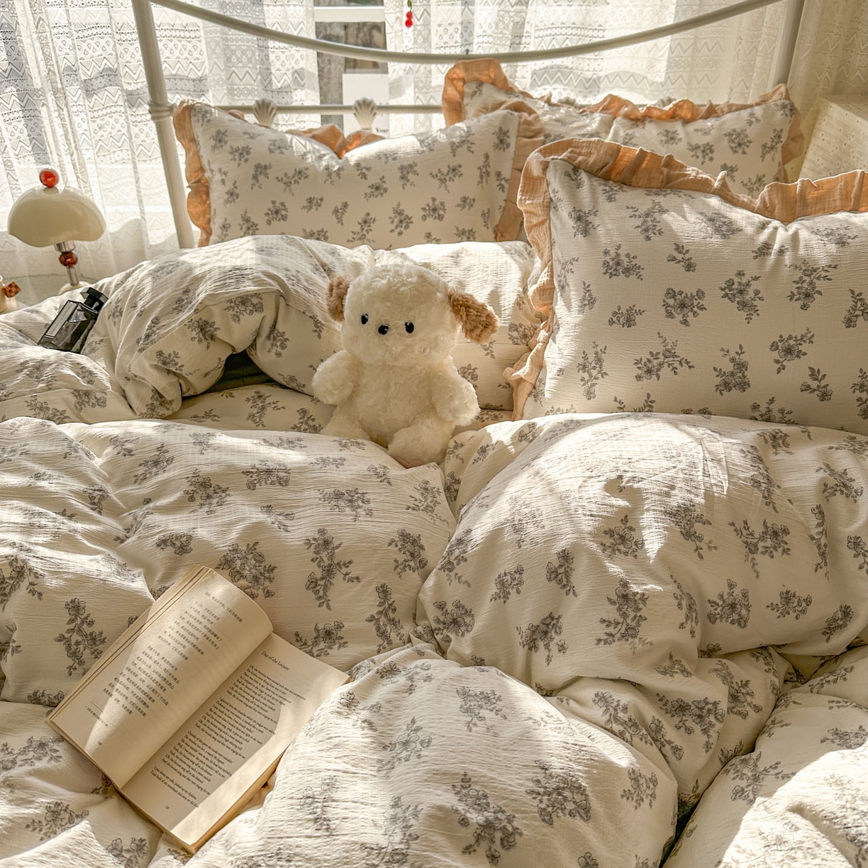 91家纺网 家纺一手货源 找家纺 颜选 2025新款全棉双层纱花边面料木棉四件套 夏铭-全棉花边双层纱