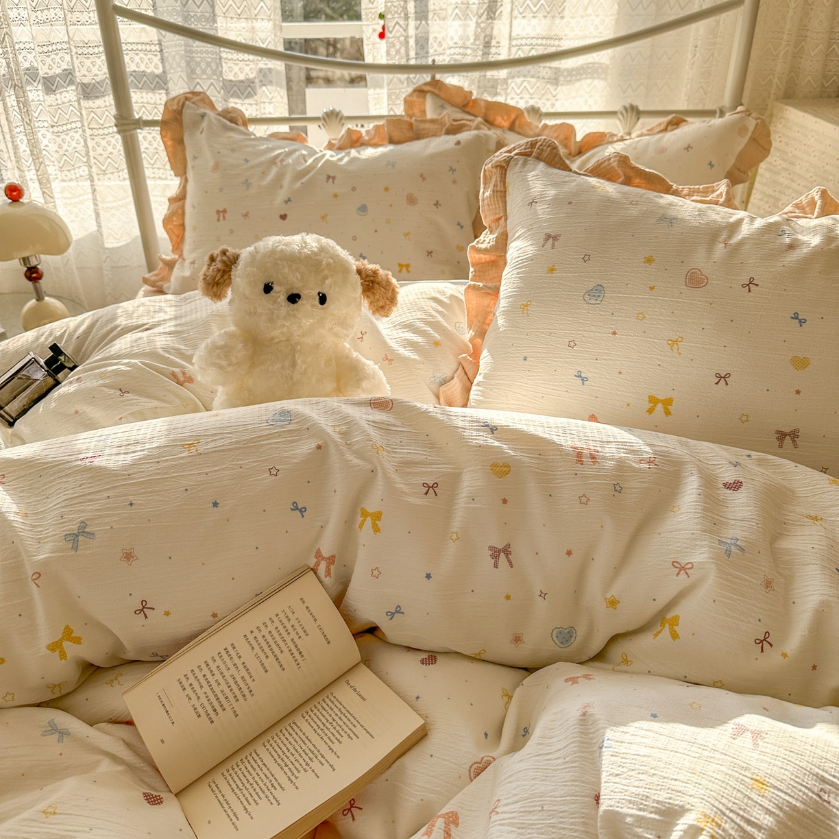 91家纺网 家纺一手货源 找家纺 颜选 2025新款全棉双层纱花边面料木棉四件套 星月-全棉花边双层纱