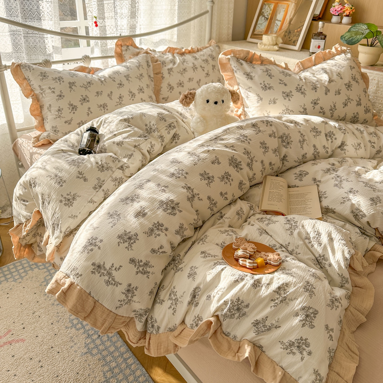 91家纺网 家纺一手货源 找家纺 颜选 2025新款全棉双层纱花边面料木棉四件套 夏铭-全棉花边双层纱