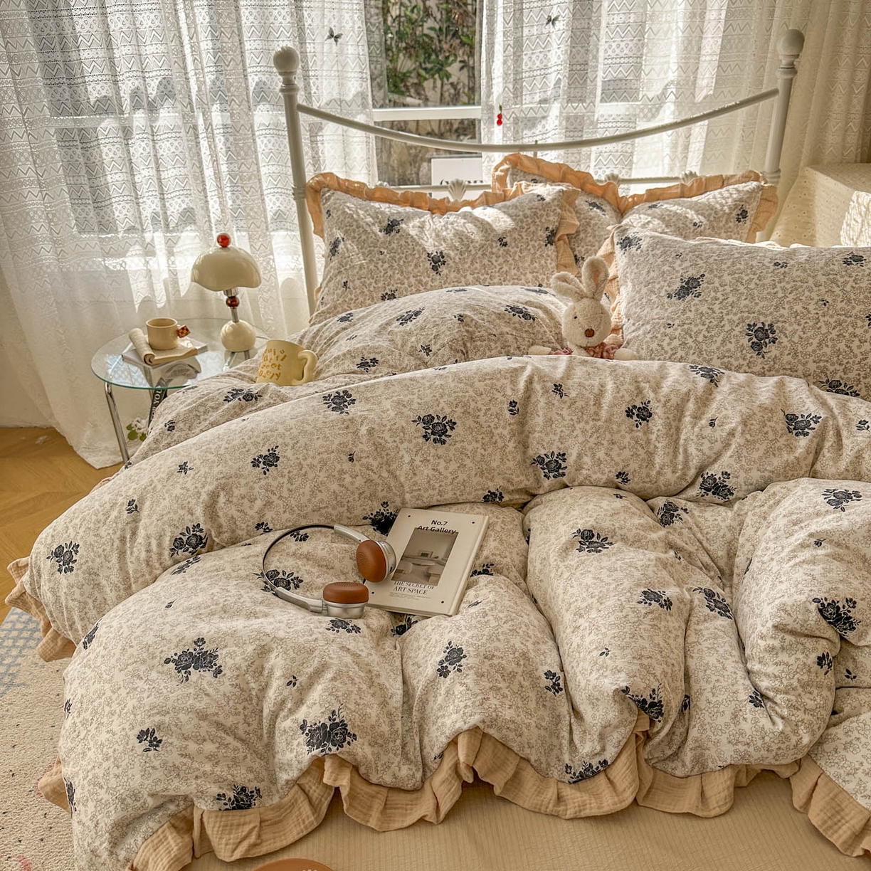 91家纺网 家纺一手货源 找家纺 颜选 2025新款全棉双层纱花边面料木棉四件套 黛锦-全棉花边双层纱