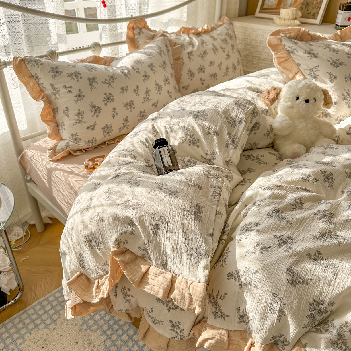 91家纺网 家纺一手货源 找家纺 颜选 2025新款全棉双层纱花边面料木棉四件套 夏铭-全棉花边双层纱