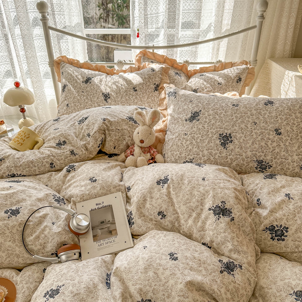 91家纺网 家纺一手货源 找家纺 颜选 2025新款全棉双层纱花边面料木棉四件套 黛锦-全棉花边双层纱