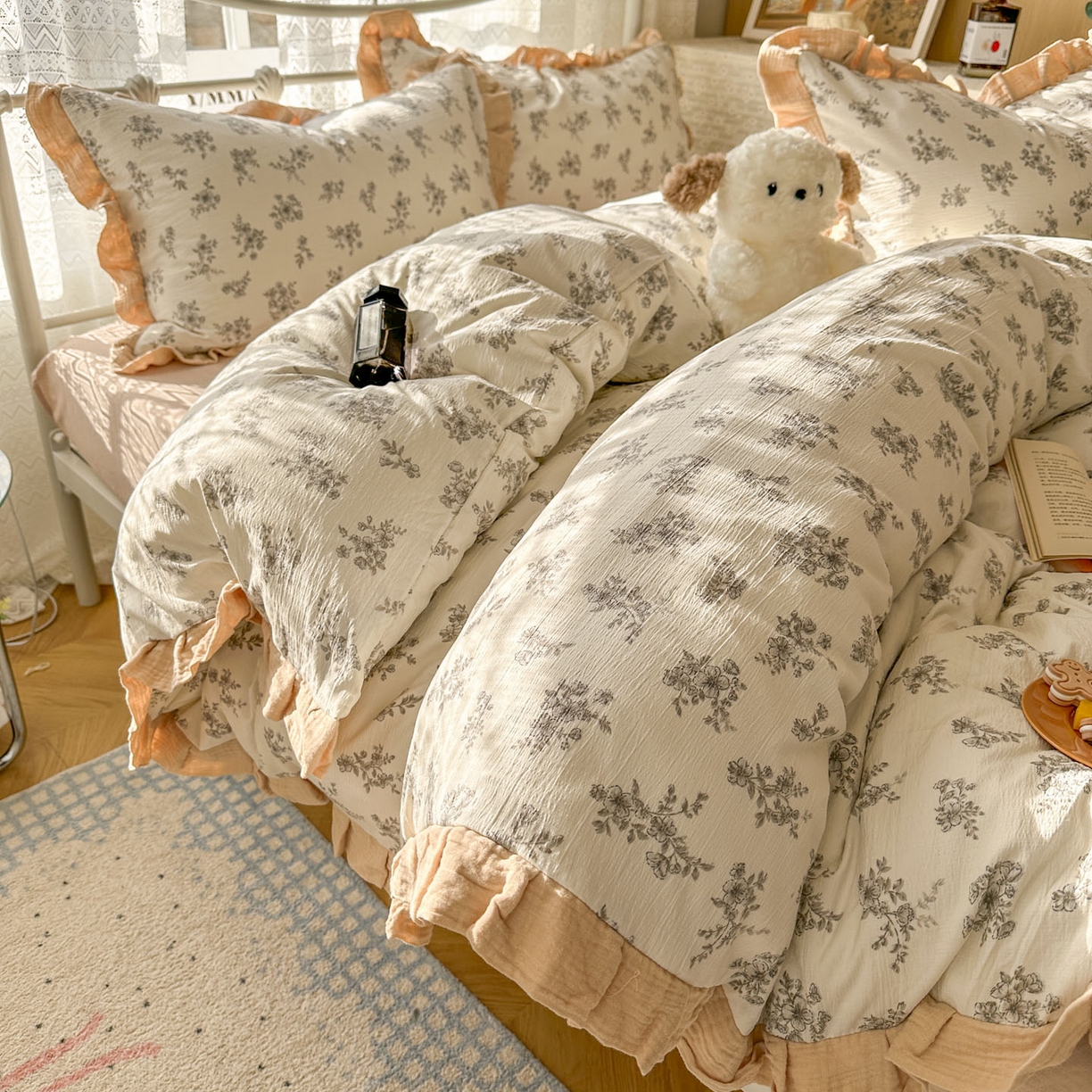 91家纺网 家纺一手货源 找家纺 颜选 2025新款全棉双层纱花边面料木棉四件套 夏铭-全棉花边双层纱