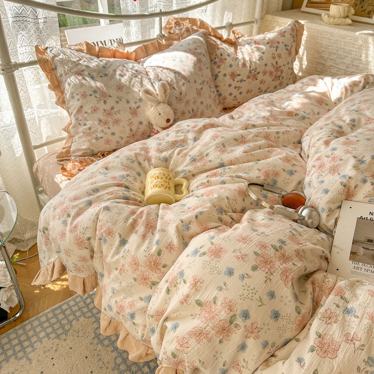 91家纺网 家纺一手货源 找家纺 颜选 2025新款全棉双层纱花边面料木棉四件套 秋叶-全棉花边双层纱