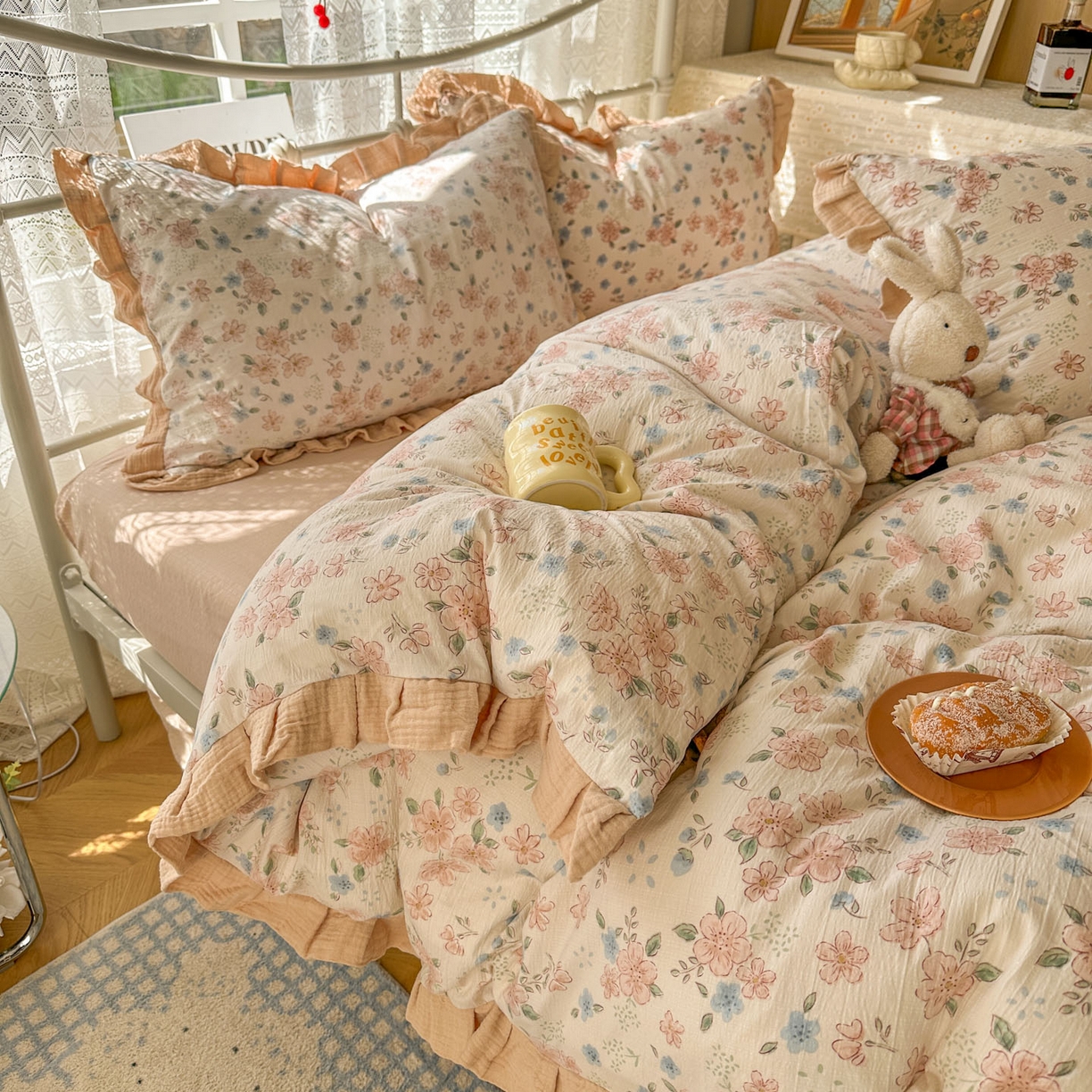 91家纺网 家纺一手货源 找家纺 颜选 2025新款全棉双层纱花边面料木棉四件套 秋叶-全棉花边双层纱