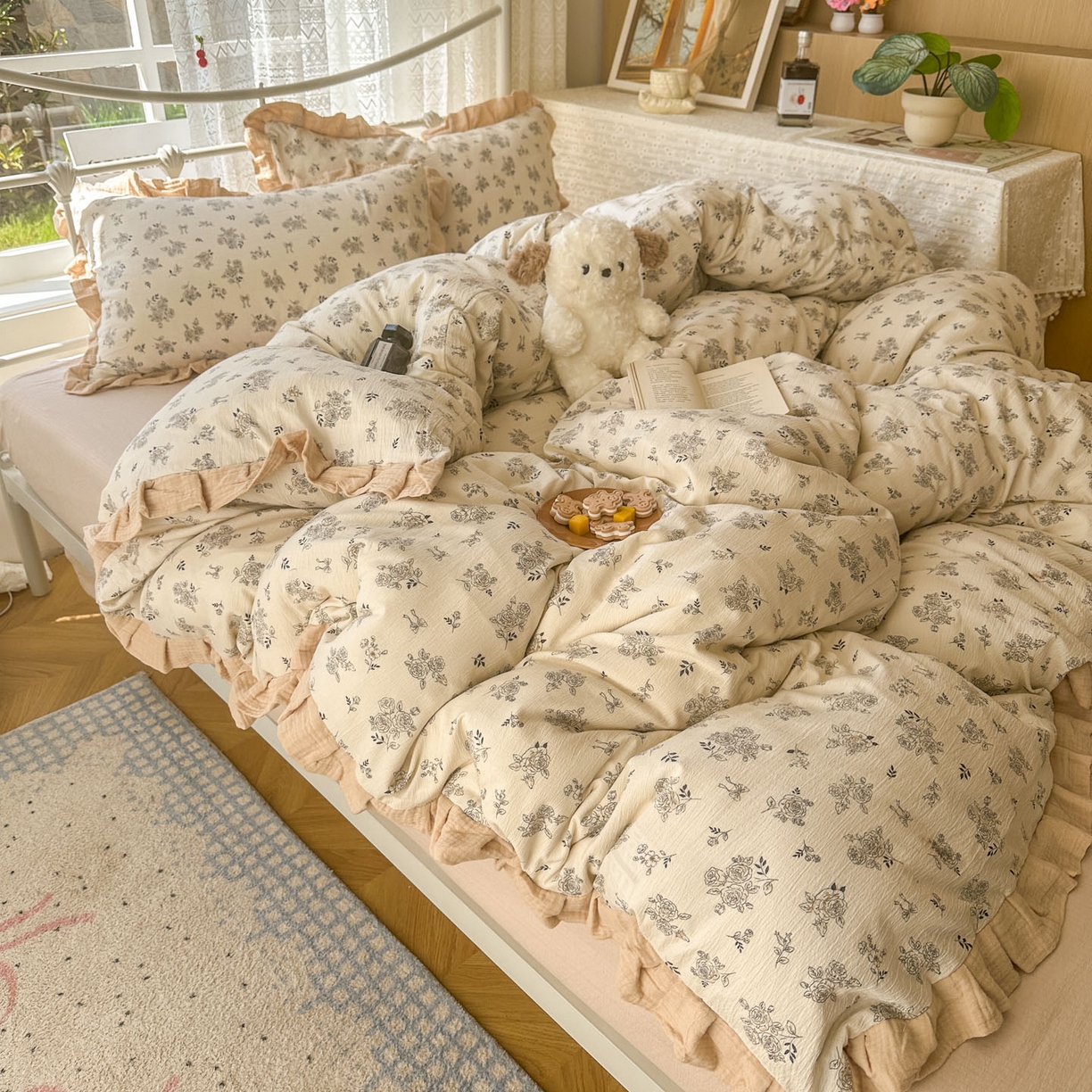 91家纺网 家纺一手货源 找家纺 颜选 2025新款全棉双层纱花边面料木棉四件套 素笺花语-全棉花边双层纱