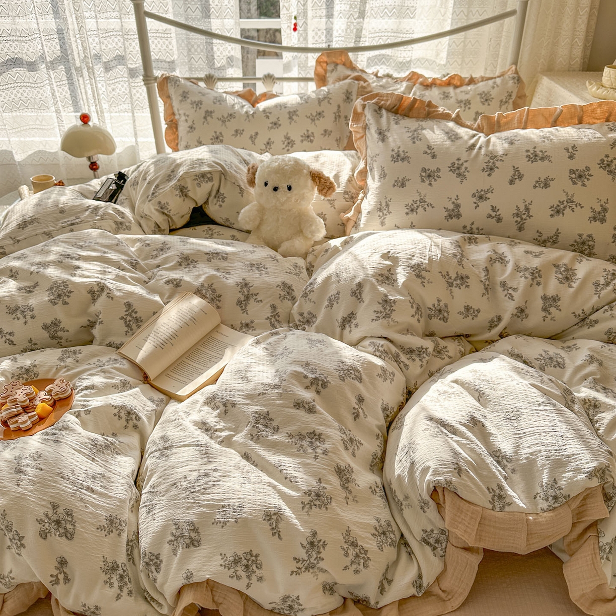 91家纺网 家纺一手货源 找家纺 颜选 2025新款全棉双层纱花边面料木棉四件套 夏铭-全棉花边双层纱