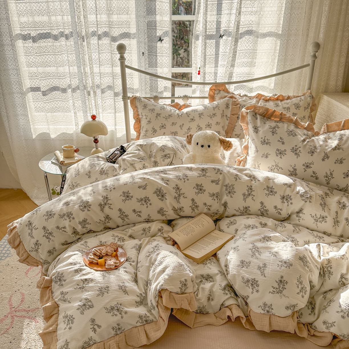 91家纺网 家纺一手货源 找家纺 颜选 2025新款全棉双层纱花边面料木棉四件套 夏铭-全棉花边双层纱