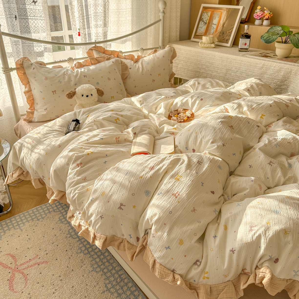 91家纺网 家纺一手货源 找家纺 颜选 2025新款全棉双层纱花边面料木棉四件套 星月-全棉花边双层纱