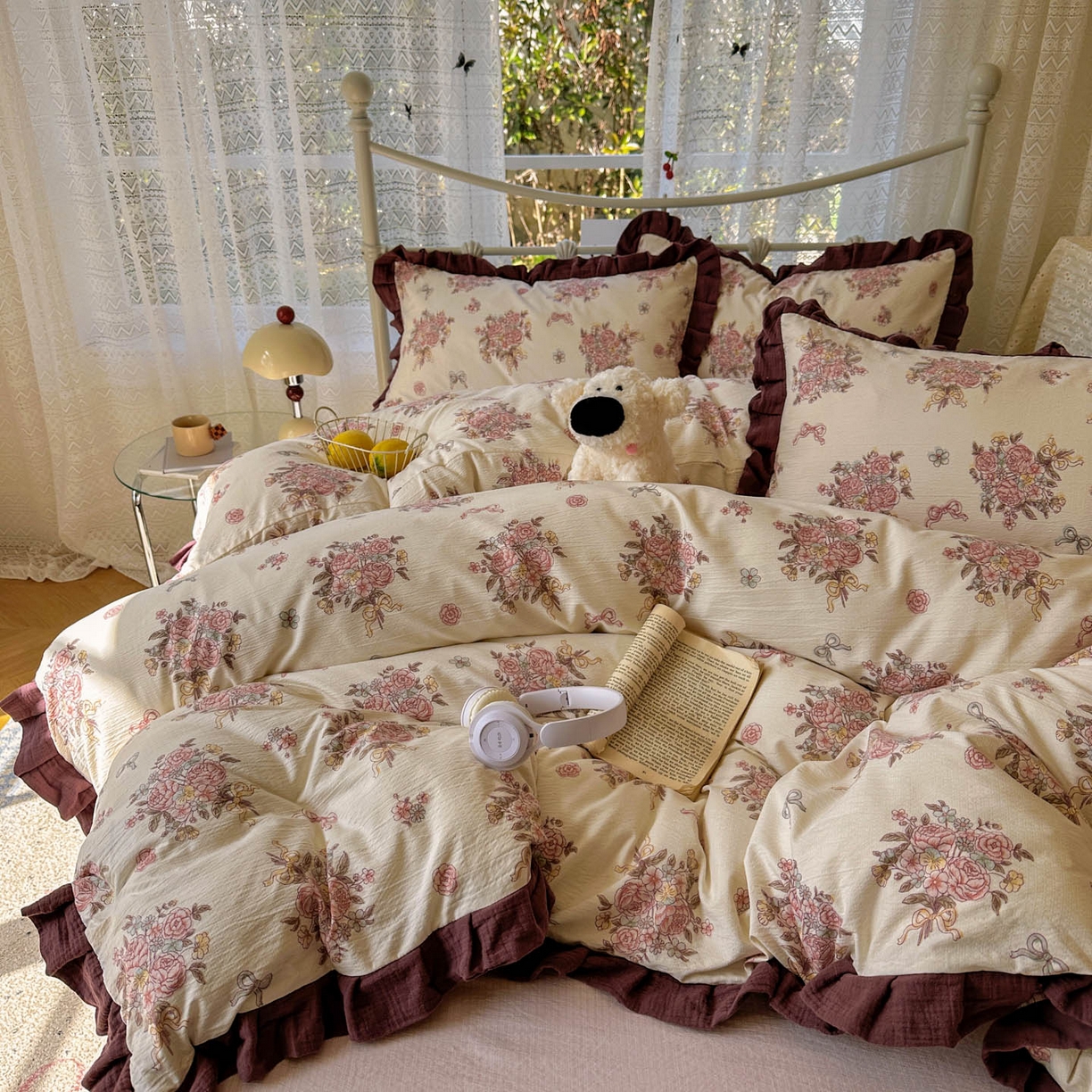 颜选 2025新款全棉双层纱花边面料木棉四件套 淡雅花笺-全棉花边双层纱