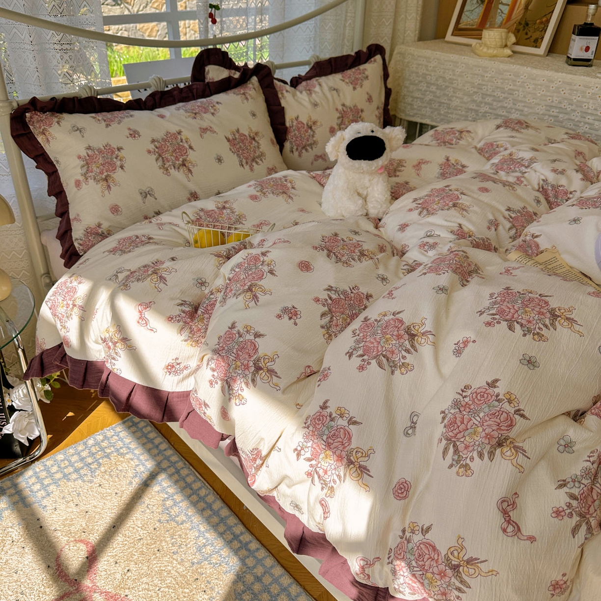 91家纺网 家纺一手货源 找家纺 颜选 2025新款全棉双层纱花边面料木棉四件套 淡雅花笺-全棉花边双层纱